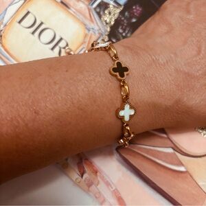 Gold Clover Link Bracelet with Black and White Accents